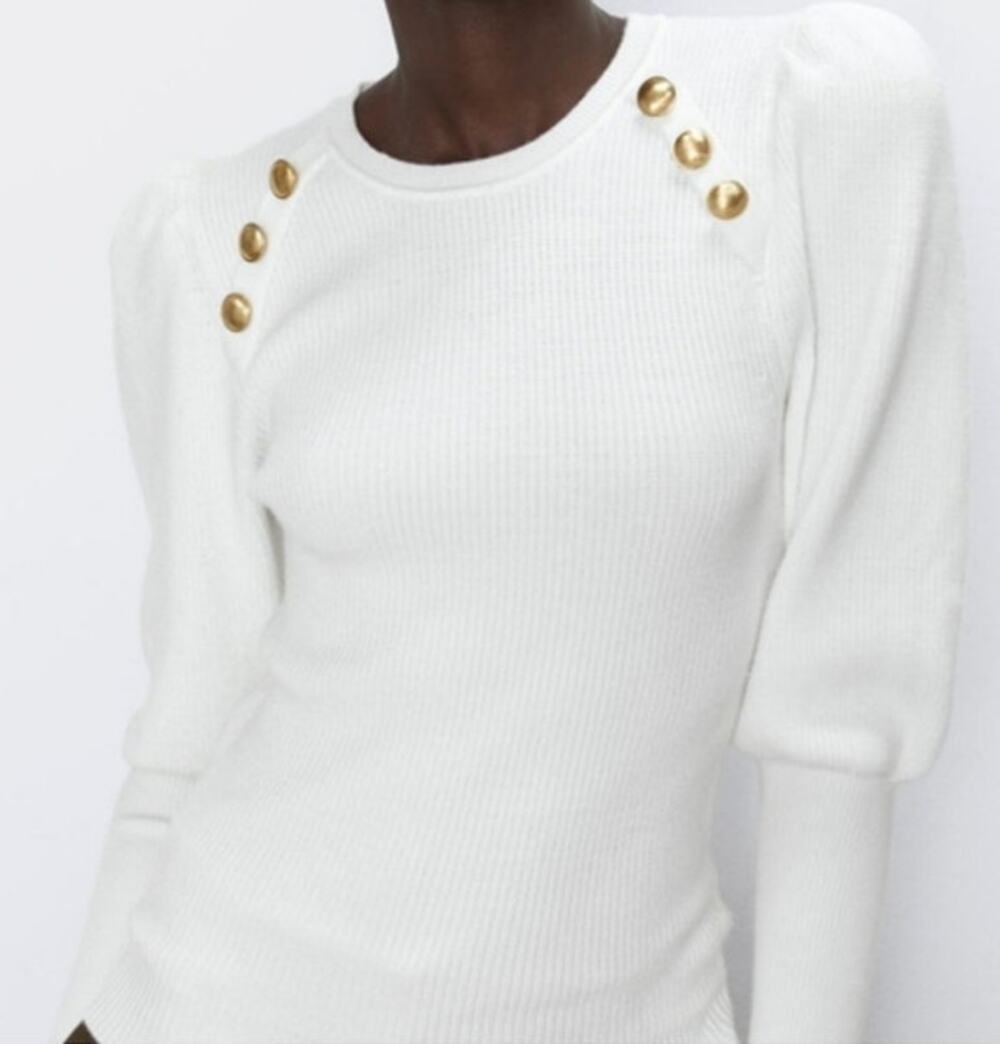 Zara Women's Ivory Knit Ribbed Pullover Sweater Gold Buttons Size Medium